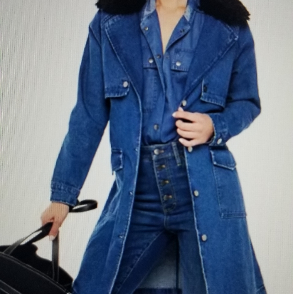 NEW Jennifer Lopez Denim Trench Coat w/Fur Collar